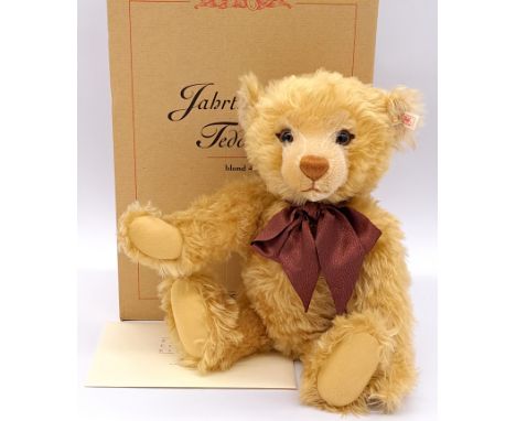 Steiff Millennium Teddy Bear white tag 670374, mohair, limited to production in 1999, growler, certificate, Near Mint in Good