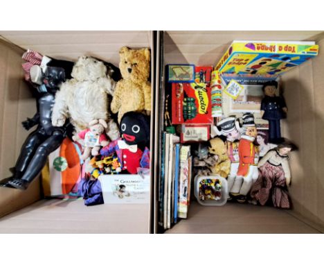 Vintage dolls, bears and games including: Chad Valley Sooty, Norah Wellings cloth doll, Pedigree hard plastic doll, Golly dol