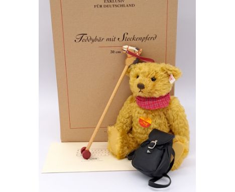 Steiff teddy bear with hobby horse, German exclusive 2002, white tag 671159, mohair, with wooden hobby horse, with certificat