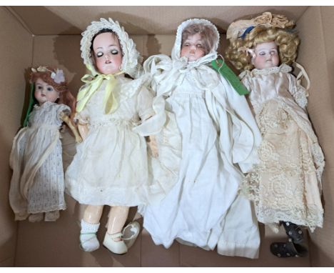 Vintage bisque dolls x four including: (1) Armand Marseille, impressed 5/0, weighed blue eyes, open mouth, bisque forearms, c