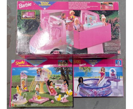 Mattel boxed Barbie sets x three including: (1) Motorhome, #14614; (2) Florida Barbie Pool, #67331; (3) Shelly Playground, #6