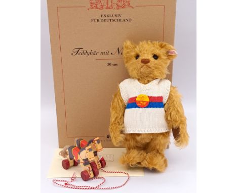 Steiff teddy bear with pull-along horses, white tag 671173, LE 292/2000, mohair, with 2x wooden pull-along horses, chest tag,