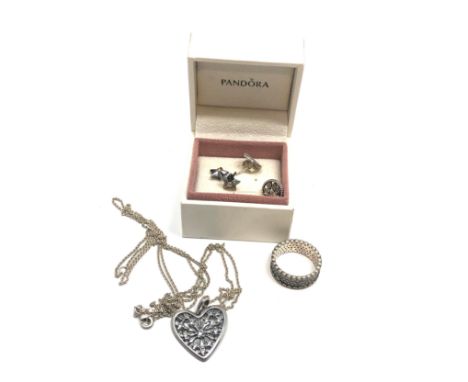 Selection of  pandora silver jewellery inc earrings &amp; ring &amp; necklace 