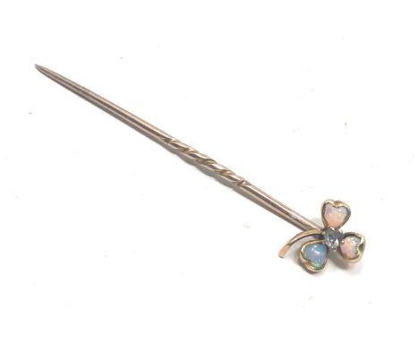 Antique 15ct gold opal &amp; rose diamond stick pin measures approx 6cm long 