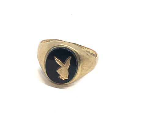 9ct gold vintage onyx playboy bunny signet ring (2.6g) 