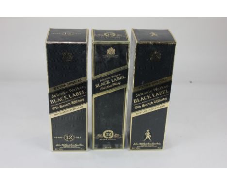 Three bottles of Johnnie Walker Black Label Old Scotch Whisky, aged 12 years, each 75cl, 40% vol, boxed