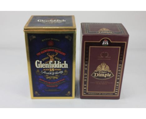 A Glenfiddich Ancient Reserve single malt scotch whiskey aged 18 years, in blue ceramic decanter 700ml, and a bottle of J Hai