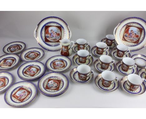 An RKG Czechoslovakian part tea set, decorated with panels of classical scenes, and gilt embellishments, comprising milk jug,