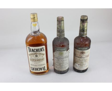 Two bottles of Canadian Club Canadian whisky (one with partial contents), together with an 113 litre bottle of Teachers Highl
