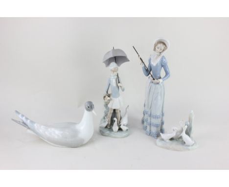 Two Lladro porcelain figures of ladies carrying umbrellas (one missing its canopy), to include a lady beside a group of geese