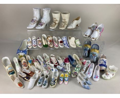 A very large collection of porcelain and glass model shoes, makers including Masons, Hammersley, Royal Worcester, Spode and A