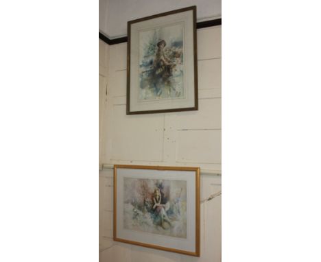 Gordon King, woman amongst flowers, 'The Flower Seller', watercolour, signed, 53cm by 34.5cm, together with a colour print af