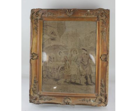After Alonzo-Perez, a framed tapestry panel depicting figures beside a street seller, 41cm by 30cm (a/f)