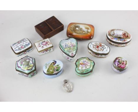 A collection of Continental enamel and porcelain gilt metal mounted pill and trinket boxes, various shapes and makers, to inc