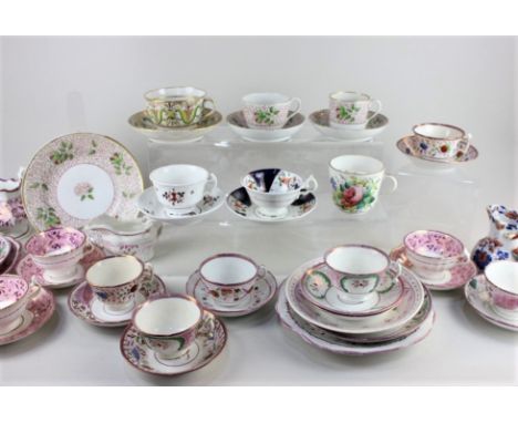 A New Hall porcelain dish, tea cup and saucer, and coffee cup and saucer, decorated with flowers against a berried reticulate