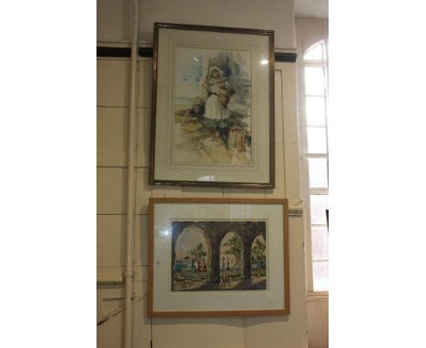 Gordon King, girl amongst fishing nets and baskets, watercolour, signed, 53cm by 35cm, together with a colour print after Cec