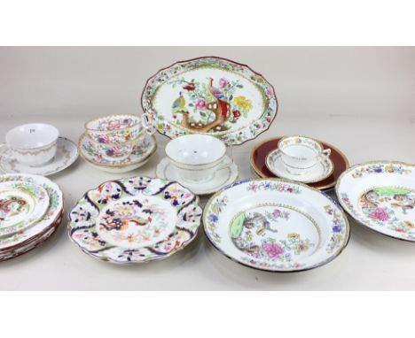 A pair of 'Chinese Tree' pattern porcelain tea cups and saucers, possibly Minton, and a collection of Spode porcelain some wi