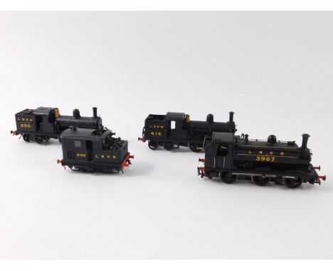 Three kit built OO gauge locomotives, LNER black livery, comprising LNER 595, 4-4-0., LNER 416, 4-4-0., and LNER 3967, 0-6-0.