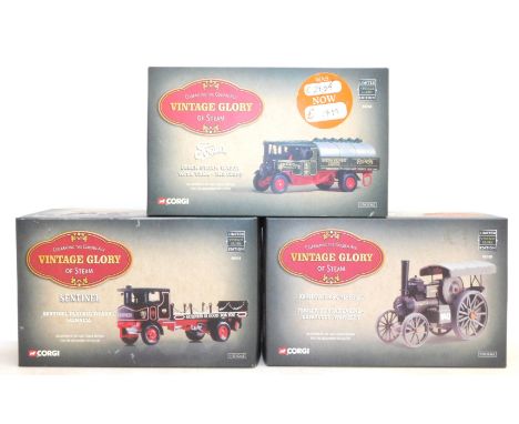Three Corgi Vintage Glorious Steam die cast vehicles, limited edition, scale 1:50, boxed, comprising a Sentinel flatbed wagon