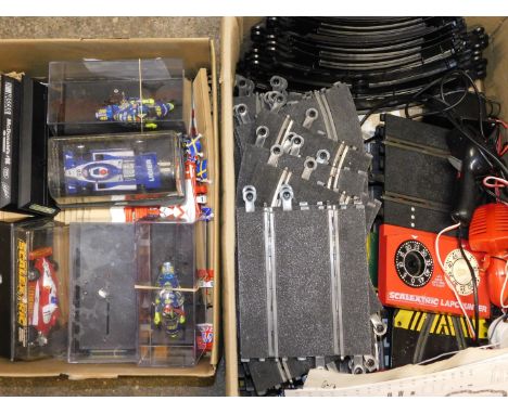 Scalextric model racing cars and motorbikes, together with track, trackside and controllers. (qty)