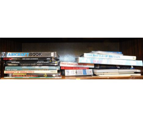 Military aviation books, including WWII Bombers Over Japan, books on the Messerschmitt, etc. (1 shelf)