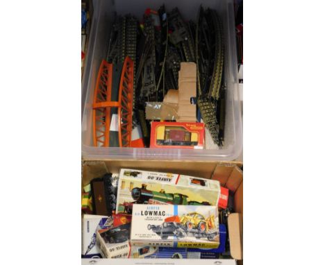 Hornby OO gauge railway, including a bridge, junction signal, boxed, track and wagons, together with Airfix scale kit wagons 