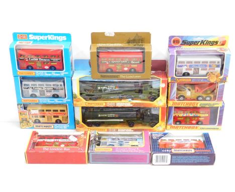 Matchbox Superkings die cast double decker buses, a Scammell heavy wreck truck, and two Battle Kings articulated petrol tanke