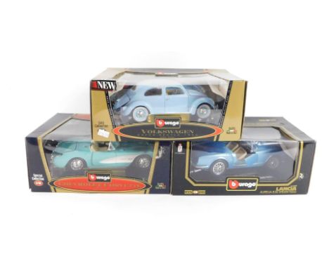 Three Burago die cast vintage motor cars, scale 1:18, comprising Chevrolet Corvette 1957 Special Edition, Volkswagen Beetle 1