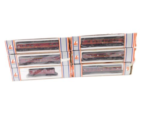 Lima N gauge coaches, red livery, including Guards Van, Buffet, and First Class coaches, all boxed. (6)