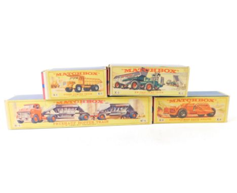 A Matchbox die cast model of a Fruehauf Hoffer train M-4, Foden dumper truck K-5, KW-Dart dump truck K-2, and an Allis-Chalme