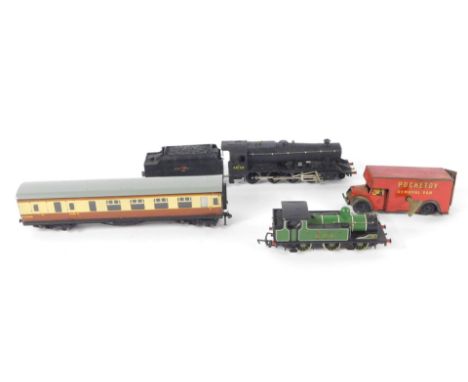 A Hornby OO gauge locomotive, BR black livery, 2-8-0, 48158, guard corridor coach, a Mainline LNER shunting engine, green liv