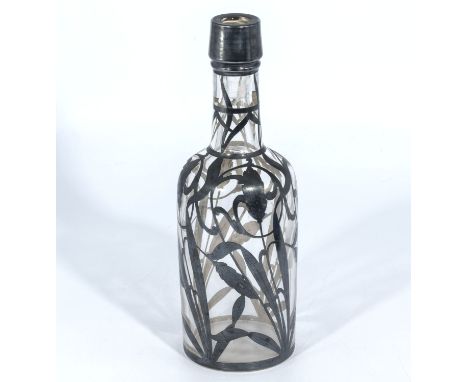 French Art Nouveau antique silver onlaid wine bottle decanter, decorated to the body with wheat or corn amongst swirling leav