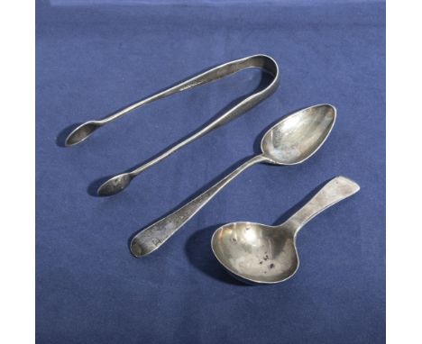 Silver sugar tongs, George III silver spoon and a George III silver caddy spoon