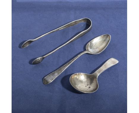 Silver sugar tongs, George III silver spoon and a George III silver caddy spoon