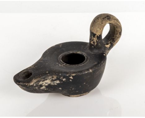 Roman antique blackware oil lamp of typical form circa 200-300 BC length 5" width 2.5â€