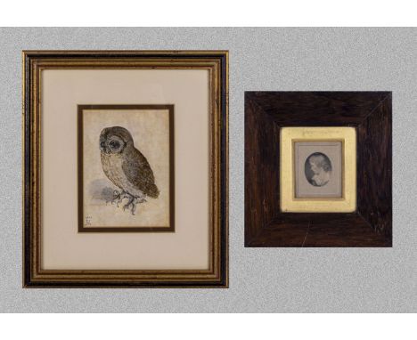 A small framed print of an owl together with a small rosewood framed print, 19.5cm x 21cm and 13cm x 9.5cm 