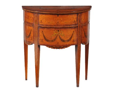 ϒA Sheraton Revival satinwood, rosewood banded, and marquetry inlaid petite commode, circa 1900, of semi-elliptical outline, 