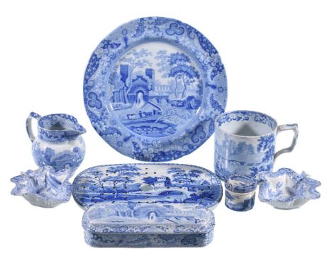 A selection of mostly Spode blue and white printed pottery, first half 19th century, comprising: five items of 'Castle' patte