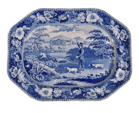 A Staffordshire blue and white printed pearlware 'Game Keeper' pattern shaped octagonal meat dish, first quarter 19th century