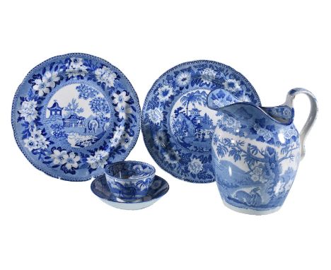 A selection of Rogers or related blue and white printed pearlware, first quarter 19th century, comprising: a 'Zebra' pattern 
