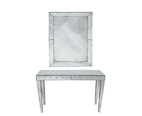 A mirrored glass console table, 20th century, 85cm high, 131cm wide, 43cm deep, together with a wall mirror en-suite, 123cm x