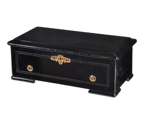 A Swiss ebonised musical box, late 19th century, the mechanism playing a choice of six airs via a 6inch pinned brass cylinder