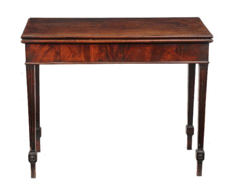 A George III mahogany card table, circa 1780, the rectangular top enclosing a baize playing surface, with concertina action a