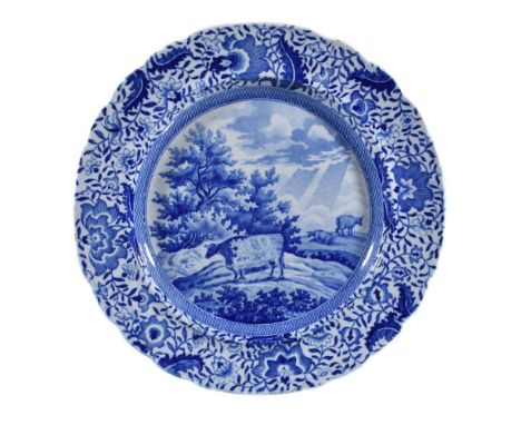 A Staffordshire blue and printed pottery 'Durham Ox' pattern plate, first quarter 19th century, 25.5cm diameter   Provenance: