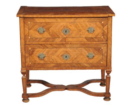 A Continental burr yew and parquetry chest of drawers or commode, first half 19th century,  the quarter veneered and crossban
