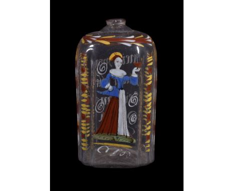 A South German/Bohemian spirit flask, 18th century, decorated in coloured enamels with a woman holding a love-heart, opaque-w