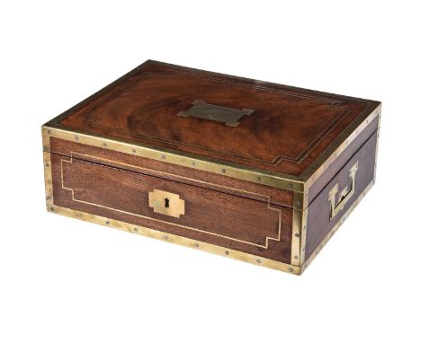 A mahogany and brass bound writing box, first quarter 19th century, by E. Gaimes, the lid with engraved armorial and WM initi