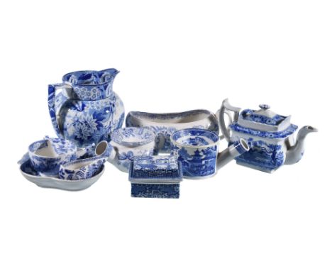 A selection of Staffordshire blue and white printed pottery, mostly first quarter 19th century, comprising: a Minton pearlwar