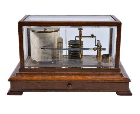 An oak cased barograph, Ross, London, early 20th century, the mechanism with eight segment aneroid chamber connected via a gi