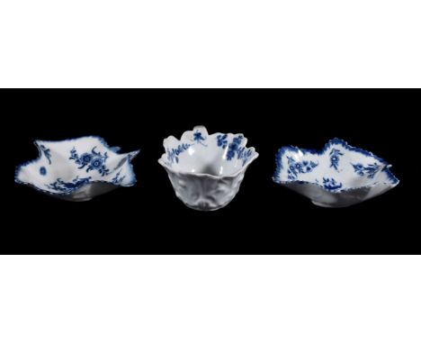 Two Worcester blue and white leaf-shaped pickle dishes, circa 1770, painted with the so-called 'Pickle Leaf Vine' pattern, on
